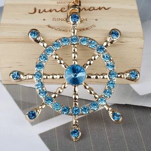 Blue & Gold Crystal Captains Boat Wheel Keychain Charm